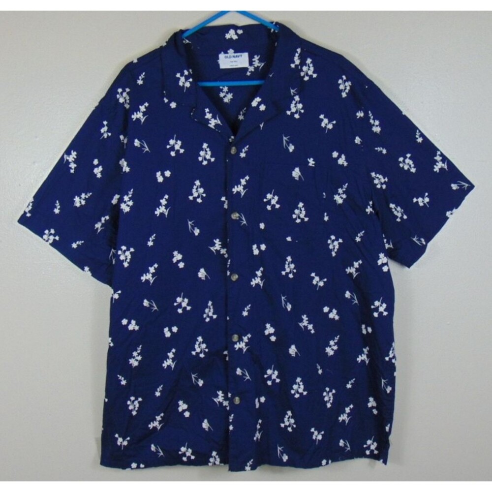 Old Navy Mens Size XXL Tall Camp Poplin Navy Floral Top Button Front Cotton 2Xl